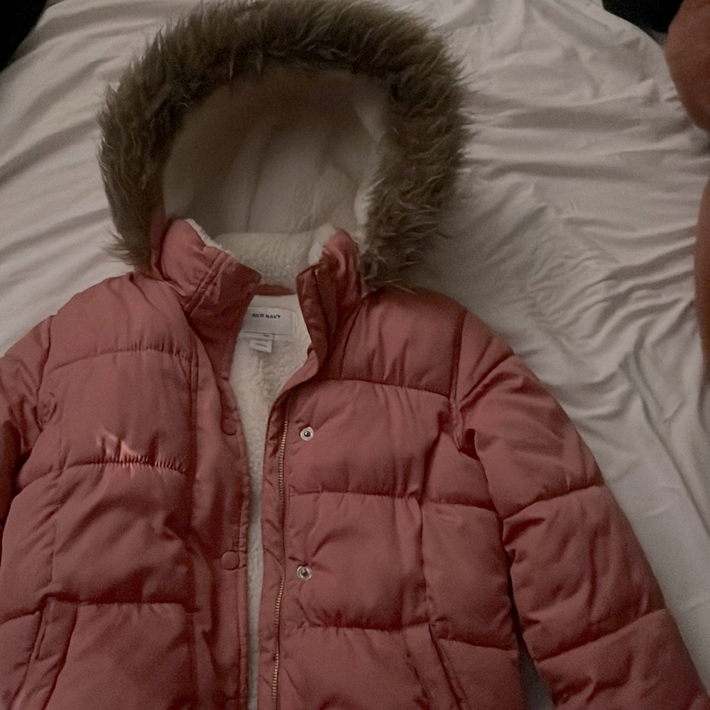 old navy girl’s pink hooded long sleeve parka coat / jacket. size L (ages 10-12)